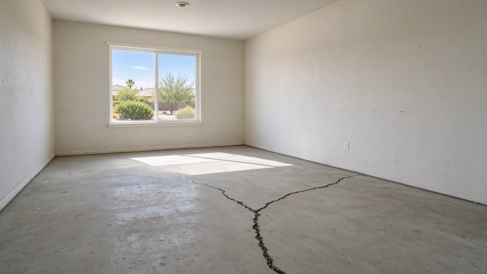 Branching cracks across an exposed concrete floor in an empty residential room