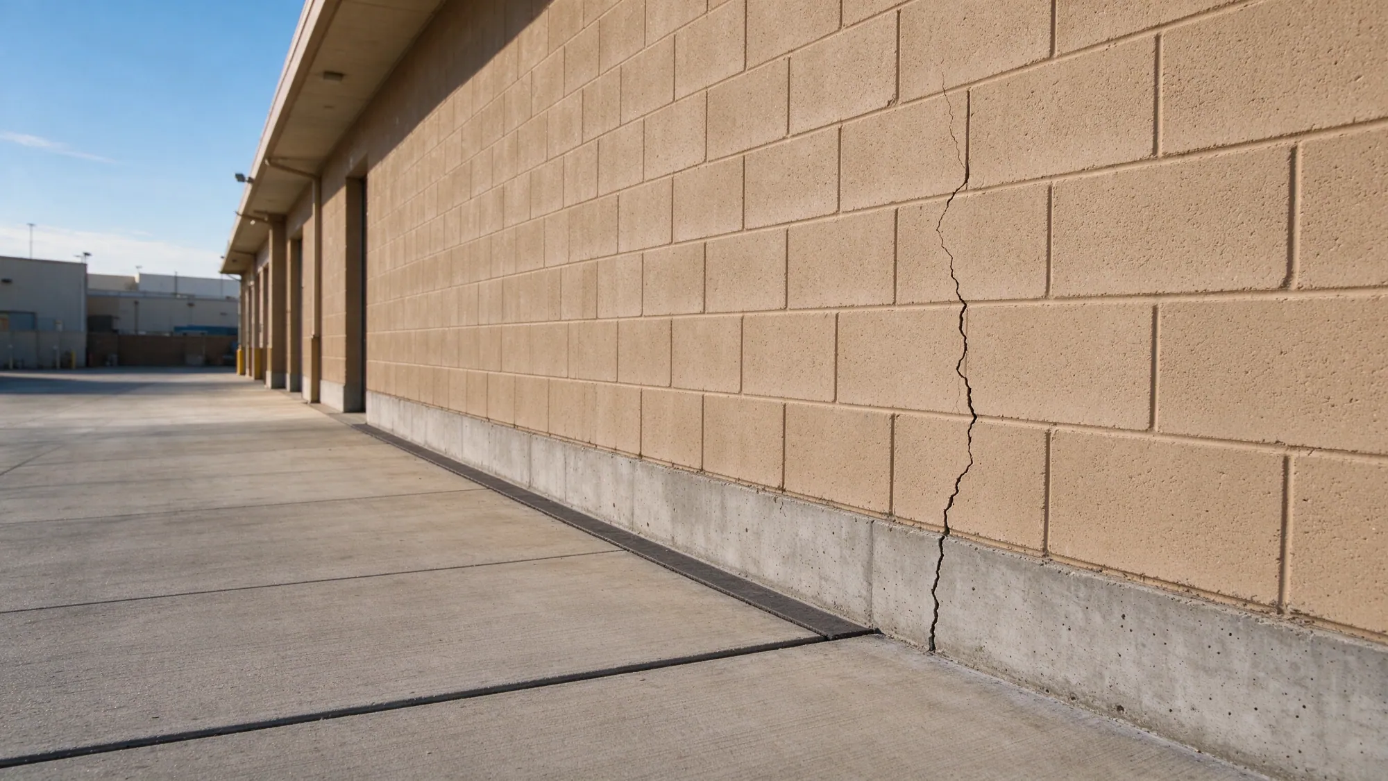 Crack in the concrete foundation base of a block commercial building beside an intact sidewalk