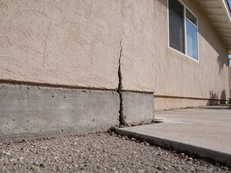 Cracked house foundation beside a separated walkway, representative North Las Vegas setting