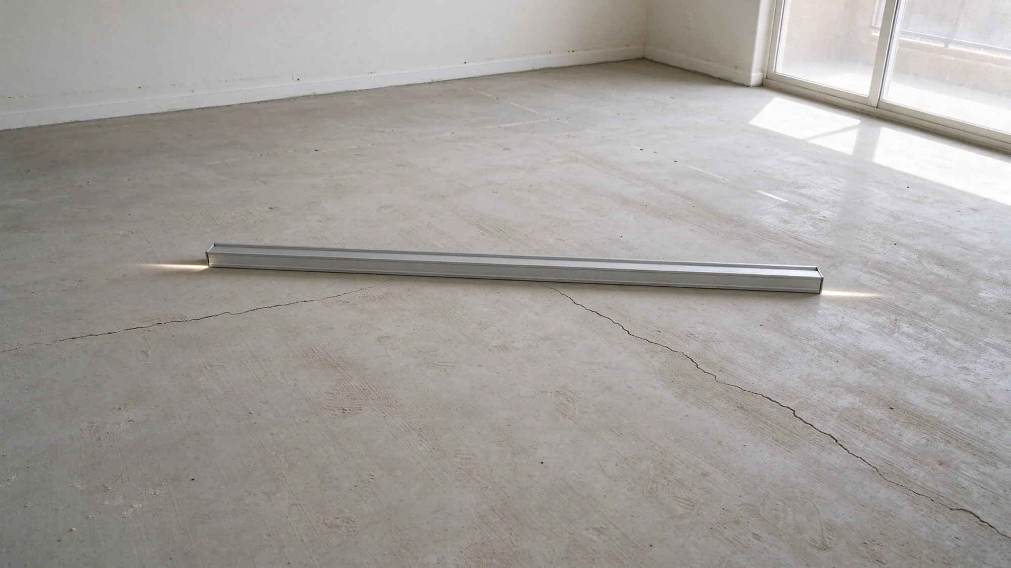 Long straightedge showing small gaps at both ends on a gently raised interior slab
