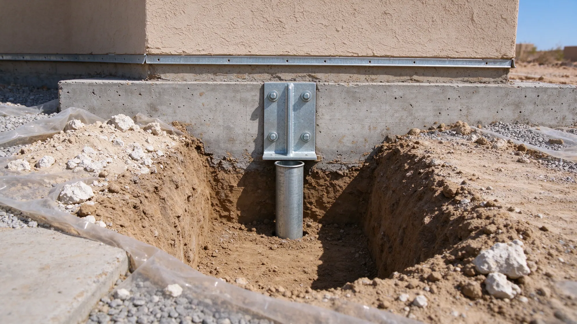Steel underpinning bracket bolted to an exposed house footing in a narrow excavation