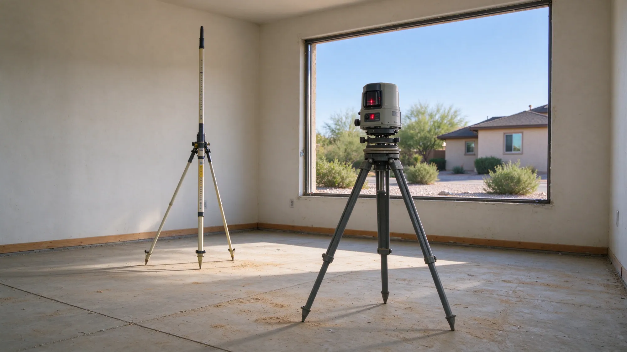 Tripod-mounted laser level and a supported survey rod on an exposed residential concrete floor